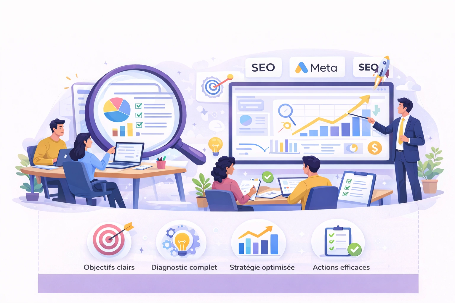 Illustration audit digital avant stratégie SEO et Google Ads avec analyse de données et tableau de performance