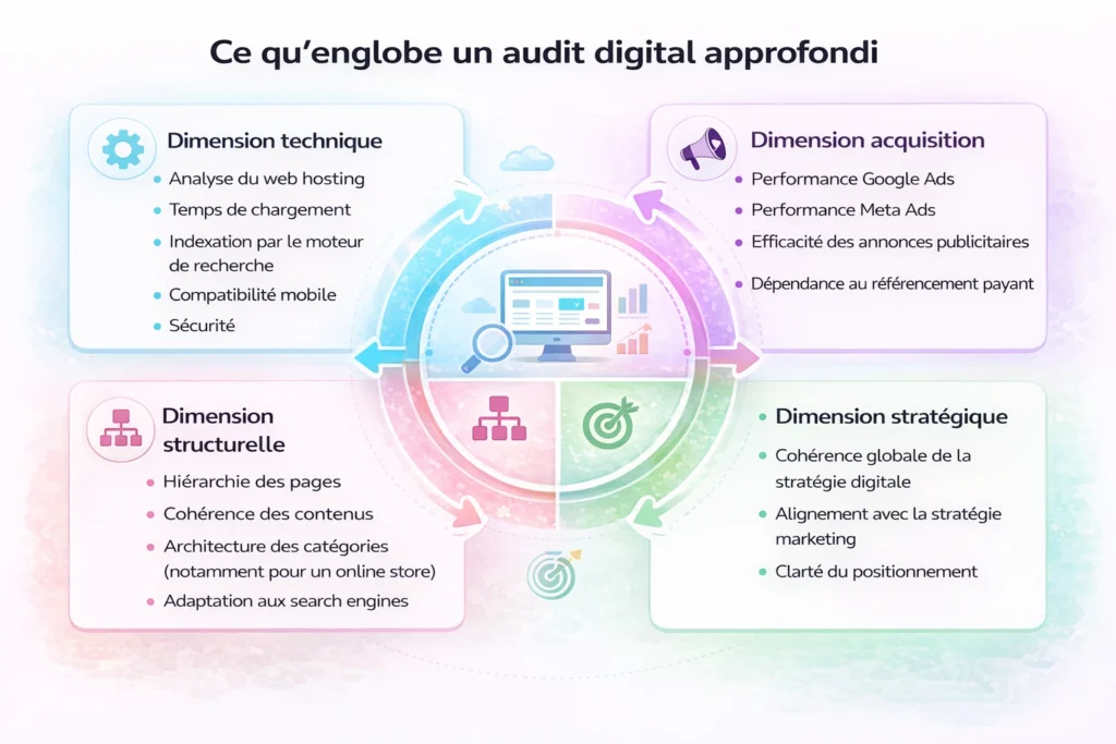 Infographie montrant les dimensions d’un audit digital : technique, acquisition, structurelle et stratégique.