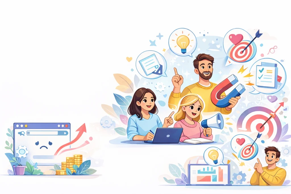 Illustration flat design représentant une stratégie de content marketing avec cible, aimant, graphiques et équipe en action.