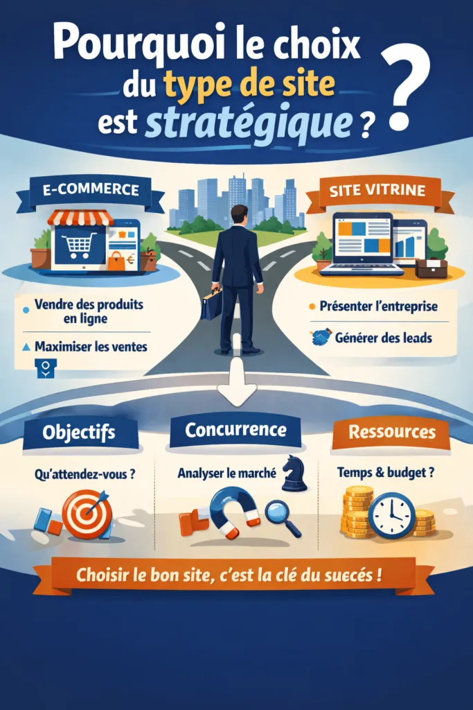 Illustration montrant pourquoi le choix du type de site web est stratégique entre site vitrine et site e commerce