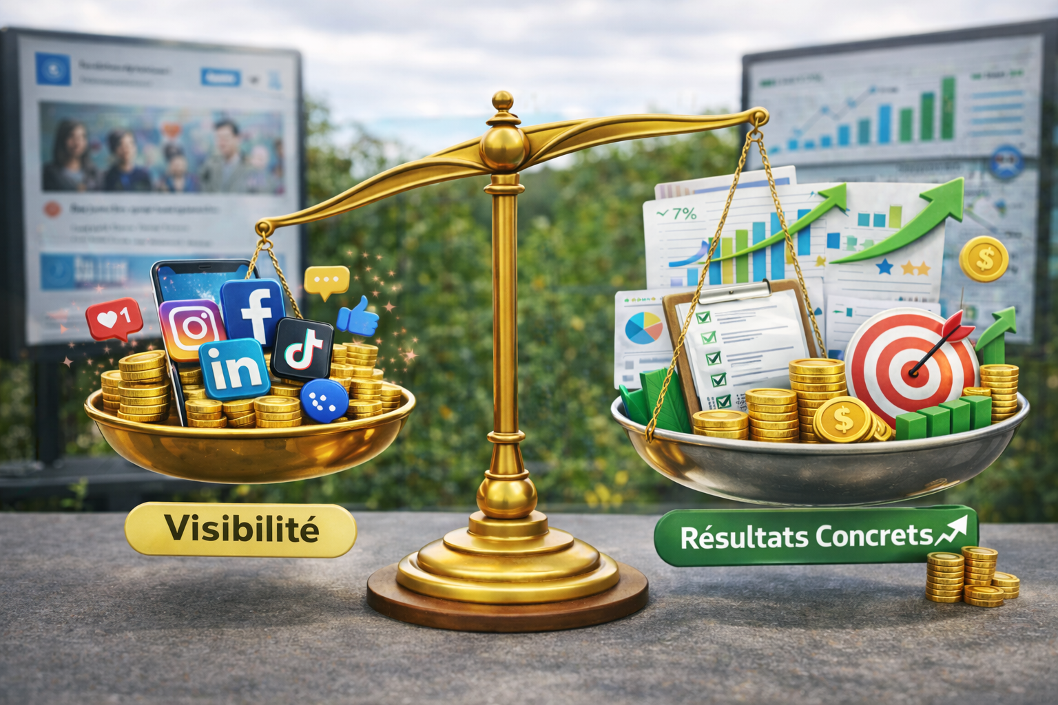 Balance comparant la visibilité sur les réseaux sociaux et les résultats marketing concrets avec graphiques et indicateurs de performance.