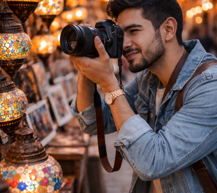 Photographe professionnelle à Marrakech réalisant un shooting photo artistique pour une marque.